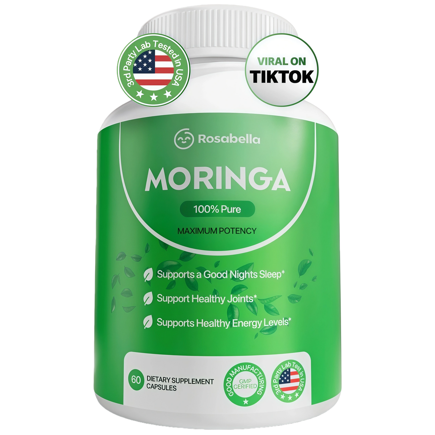 Rosabella Moringa Capsules - Pure Moringa Powder, Energy, Skin, Immune & Gut Health Superfood, Rich in Antioxidants, Essential Vitamins & Amino Acids, Natural Green Superfood Supplement - 60 Count